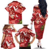 Hawaiian and Japanese Culture Together Family Matching Off The Shoulder Long Sleeve Dress and Hawaiian Shirt Red Ohia Lehua Plumeria and Sakura Blooming - Polynesian Pride