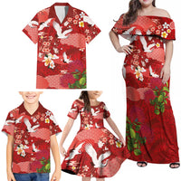 Hawaiian and Japanese Culture Together Family Matching Off Shoulder Maxi Dress and Hawaiian Shirt Red Ohia Lehua Plumeria and Sakura Blooming LT03 - Polynesian Pride