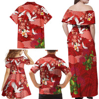 Hawaiian and Japanese Culture Together Family Matching Off Shoulder Maxi Dress and Hawaiian Shirt Red Ohia Lehua Plumeria and Sakura Blooming LT03 - Polynesian Pride