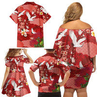Hawaiian and Japanese Culture Together Family Matching Off Shoulder Short Dress and Hawaiian Shirt Red Ohia Lehua Plumeria and Sakura Blooming - Polynesian Pride