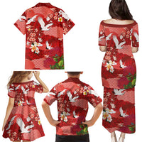 Hawaiian and Japanese Culture Together Family Matching Puletasi and Hawaiian Shirt Red Ohia Lehua Plumeria and Sakura Blooming - Polynesian Pride