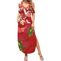 Hawaiian and Japanese Culture Together Family Matching Summer Maxi Dress and Hawaiian Shirt Red Ohia Lehua Plumeria and Sakura Blooming - Polynesian Pride