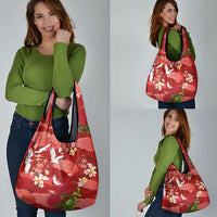 Hawaiian and Japanese Culture Together Grocery Bag Red Ohia Lehua Plumeria and Sakura Blooming - Polynesian Pride