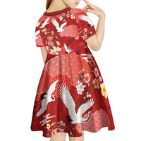 Hawaiian and Japanese Culture Together Kid Short Sleeve Dress Red Ohia Lehua Plumeria and Sakura Blooming - Polynesian Pride