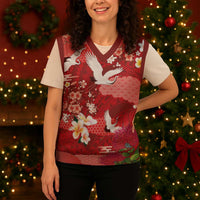 Hawaiian and Japanese Culture Together Christmas Knitted V-Neck Vest Red Ohia Lehua Plumeria and Sakura Blooming LT03 - Polynesian Pride