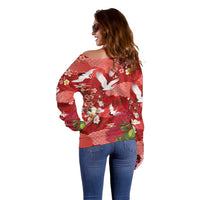Hawaiian and Japanese Culture Together Off Shoulder Sweater Red Ohia Lehua Plumeria and Sakura Blooming - Polynesian Pride