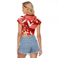 Hawaiian and Japanese Culture Together Raglan Cropped T Shirt Red Ohia Lehua Plumeria and Sakura Blooming - Polynesian Pride