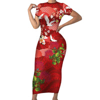 Hawaiian and Japanese Culture Together Short Sleeve Bodycon Dress Red Ohia Lehua Plumeria and Sakura Blooming - Polynesian Pride