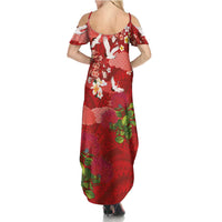 Hawaiian and Japanese Culture Together Summer Maxi Dress Red Ohia Lehua Plumeria and Sakura Blooming - Polynesian Pride