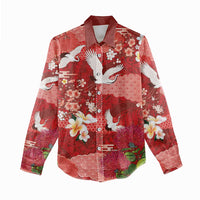 Hawaiian and Japanese Culture Together Women Casual Shirt Red Ohia Lehua Plumeria and Sakura Blooming - Polynesian Pride