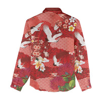 Hawaiian and Japanese Culture Together Women Casual Shirt Red Ohia Lehua Plumeria and Sakura Blooming - Polynesian Pride