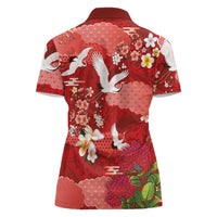 Hawaiian and Japanese Culture Together Women Polo Shirt Red Ohia Lehua Plumeria and Sakura Blooming - Polynesian Pride