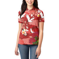 Hawaiian and Japanese Culture Together Women Polo Shirt Red Ohia Lehua Plumeria and Sakura Blooming - Polynesian Pride