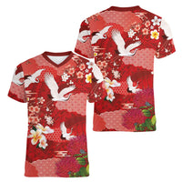 Hawaiian and Japanese Culture Together Women V-Neck T-Shirt Red Ohia Lehua Plumeria and Sakura Blooming - Polynesian Pride