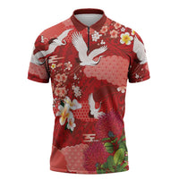 Hawaiian and Japanese Culture Together Zipper Polo Shirt Red Ohia Lehua Plumeria and Sakura Blooming - Polynesian Pride