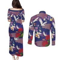 Hawaiian and Japanese Culture Together Couples Matching Puletasi and Long Sleeve Button Shirt Blue Ohia Lehua Plumeria and Sakura Blooming - Polynesian Pride