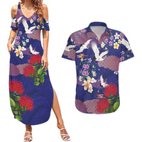 Hawaiian and Japanese Culture Together Couples Matching Summer Maxi Dress and Hawaiian Shirt Blue Ohia Lehua Plumeria and Sakura Blooming - Polynesian Pride
