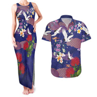 Hawaiian and Japanese Culture Together Couples Matching Tank Maxi Dress and Hawaiian Shirt Blue Ohia Lehua Plumeria and Sakura Blooming - Polynesian Pride