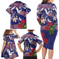 Hawaiian and Japanese Culture Together Family Matching Long Sleeve Bodycon Dress and Hawaiian Shirt Blue Ohia Lehua Plumeria and Sakura Blooming LT03 - Polynesian Pride