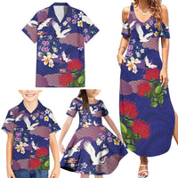 Hawaiian and Japanese Culture Together Family Matching Summer Maxi Dress and Hawaiian Shirt Blue Ohia Lehua Plumeria and Sakura Blooming - Polynesian Pride
