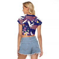 Hawaiian and Japanese Culture Together Raglan Cropped T Shirt Blue Ohia Lehua Plumeria and Sakura Blooming LT03 - Polynesian Pride