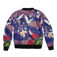 Hawaiian and Japanese Culture Together Sleeve Zip Bomber Jacket Blue Ohia Lehua Plumeria and Sakura Blooming - Polynesian Pride