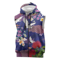 Hawaiian and Japanese Culture Together Sleeveless Zip Hoodie Blue Ohia Lehua Plumeria and Sakura Blooming - Polynesian Pride
