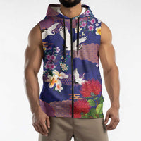 Hawaiian and Japanese Culture Together Sleeveless Zip Hoodie Blue Ohia Lehua Plumeria and Sakura Blooming - Polynesian Pride