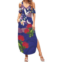 Hawaiian and Japanese Culture Together Summer Maxi Dress Blue Ohia Lehua Plumeria and Sakura Blooming - Polynesian Pride