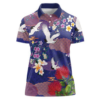 Hawaiian and Japanese Culture Together Women Polo Shirt Blue Ohia Lehua Plumeria and Sakura Blooming - Polynesian Pride