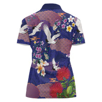 Hawaiian and Japanese Culture Together Women Polo Shirt Blue Ohia Lehua Plumeria and Sakura Blooming - Polynesian Pride
