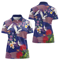 Hawaiian and Japanese Culture Together Women Polo Shirt Blue Ohia Lehua Plumeria and Sakura Blooming - Polynesian Pride