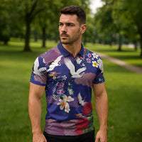 Hawaiian and Japanese Culture Together Zipper Polo Shirt Blue Ohia Lehua Plumeria and Sakura Blooming - Polynesian Pride