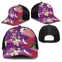 Hawaiian and Japanese Culture Together Baseball Net Cap Purple Ohia Lehua Plumeria and Sakura Blooming - Polynesian Pride