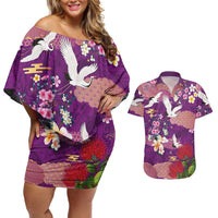 Hawaiian and Japanese Culture Together Couples Matching Off Shoulder Short Dress and Hawaiian Shirt Purple Ohia Lehua Plumeria and Sakura Blooming - Polynesian Pride