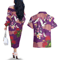 Hawaiian and Japanese Culture Together Couples Matching Off The Shoulder Long Sleeve Dress and Hawaiian Shirt Purple Ohia Lehua Plumeria and Sakura Blooming - Polynesian Pride