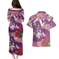 Hawaiian and Japanese Culture Together Couples Matching Puletasi and Hawaiian Shirt Purple Ohia Lehua Plumeria and Sakura Blooming - Polynesian Pride