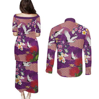 Hawaiian and Japanese Culture Together Couples Matching Puletasi and Long Sleeve Button Shirt Purple Ohia Lehua Plumeria and Sakura Blooming - Polynesian Pride