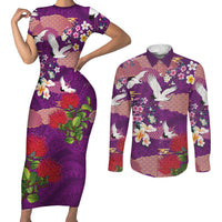 Hawaiian and Japanese Culture Together Couples Matching Short Sleeve Bodycon Dress and Long Sleeve Button Shirt Purple Ohia Lehua Plumeria and Sakura Blooming - Polynesian Pride