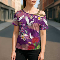Hawaiian and Japanese Culture Together Cross Shoulder Shirt Purple Ohia Lehua Plumeria and Sakura Blooming - Polynesian Pride