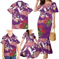 Hawaiian and Japanese Culture Together Family Matching Mermaid Dress and Hawaiian Shirt Purple Ohia Lehua Plumeria and Sakura Blooming - Polynesian Pride