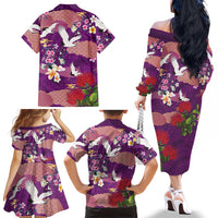 Hawaiian and Japanese Culture Together Family Matching Off The Shoulder Long Sleeve Dress and Hawaiian Shirt Purple Ohia Lehua Plumeria and Sakura Blooming - Polynesian Pride