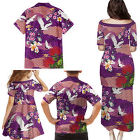 Hawaiian and Japanese Culture Together Family Matching Puletasi and Hawaiian Shirt Purple Ohia Lehua Plumeria and Sakura Blooming - Polynesian Pride