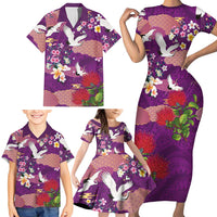 Hawaiian and Japanese Culture Together Family Matching Short Sleeve Bodycon Dress and Hawaiian Shirt Purple Ohia Lehua Plumeria and Sakura Blooming - Polynesian Pride