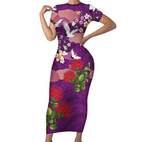 Hawaiian and Japanese Culture Together Family Matching Short Sleeve Bodycon Dress and Hawaiian Shirt Purple Ohia Lehua Plumeria and Sakura Blooming - Polynesian Pride