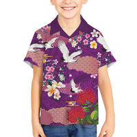 Hawaiian and Japanese Culture Together Kid Hawaiian Shirt Purple Ohia Lehua Plumeria and Sakura Blooming - Polynesian Pride