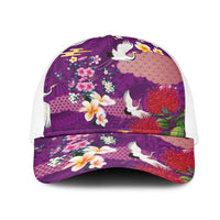 Hawaiian and Japanese Culture Together Mesh Trucker Cap Purple Ohia Lehua Plumeria and Sakura Blooming - Polynesian Pride