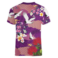 Hawaiian and Japanese Culture Together Women V-Neck T-Shirt Purple Ohia Lehua Plumeria and Sakura Blooming - Polynesian Pride