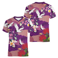 Hawaiian and Japanese Culture Together Women V-Neck T-Shirt Purple Ohia Lehua Plumeria and Sakura Blooming - Polynesian Pride