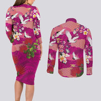 Hawaiian and Japanese Culture Together Couples Matching Long Sleeve Bodycon Dress and Long Sleeve Button Shirt Pink Ohia Lehua Plumeria and Sakura Blooming LT03 - Polynesian Pride